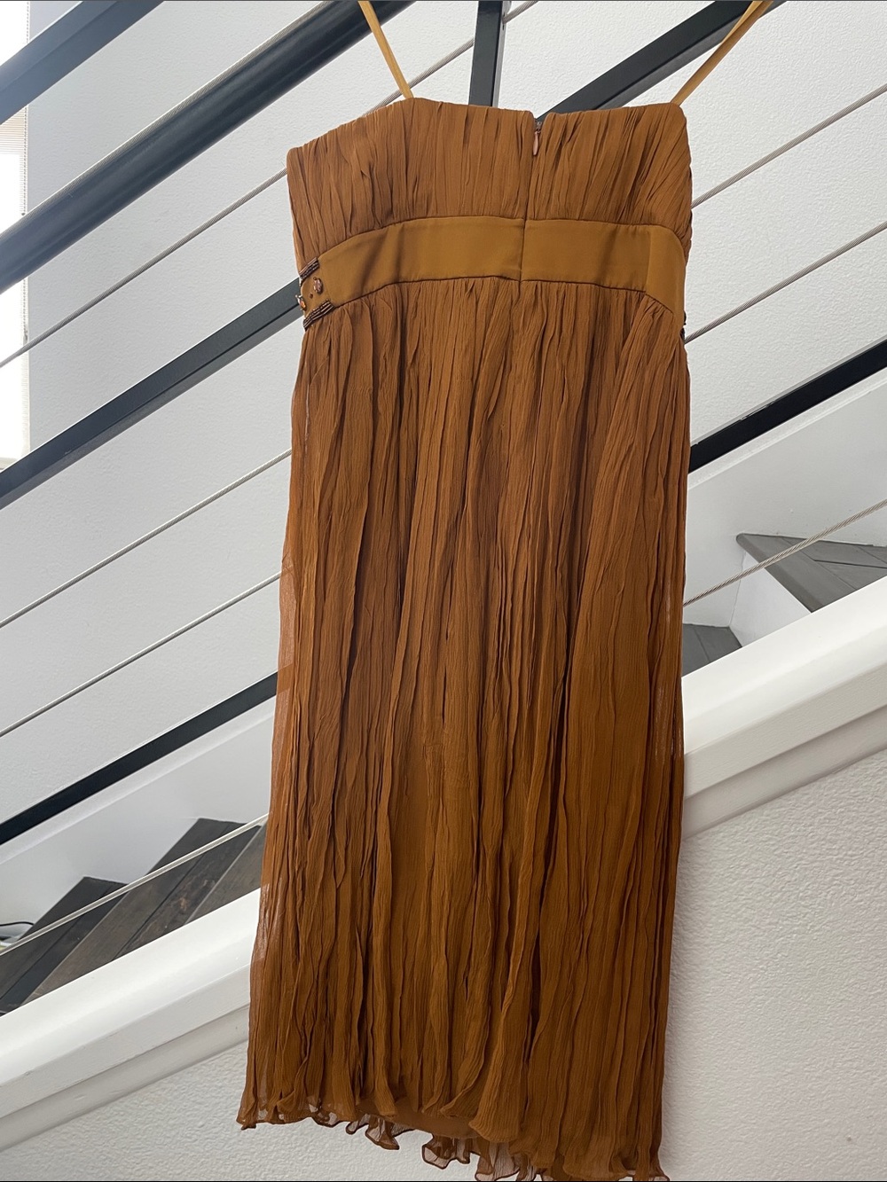 BCBG Strapless Pleated Maxi Dress in Mustard Rust